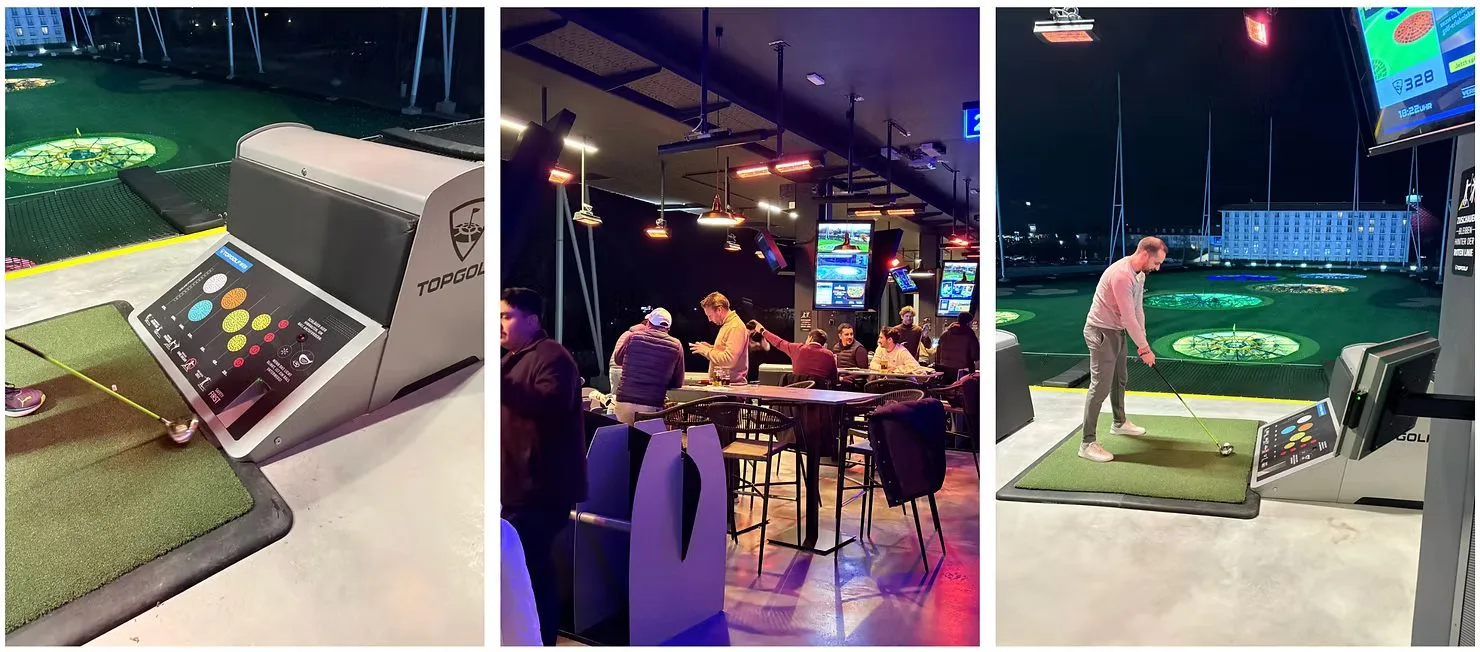 Abschlag, Bar und Spiel in der Topgolf-Anlage